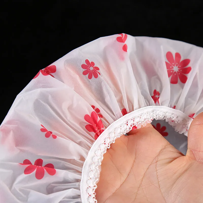 5 PCS Thickened Waterproof Shower Cap with Elegant Matte Print and Lace Trim, HG0023