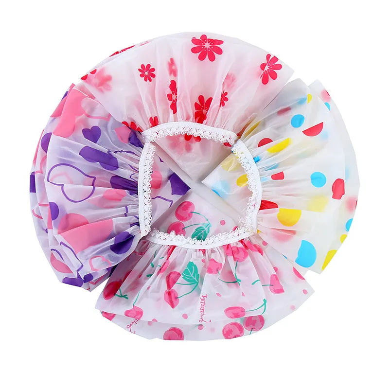 5 PCS Thickened Waterproof Shower Cap with Elegant Matte Print and Lace Trim, HG0023