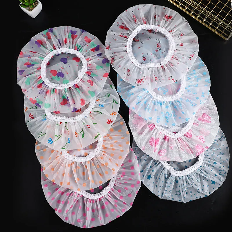 5 PCS Thickened Waterproof Shower Cap with Elegant Matte Print and Lace Trim, HG0023