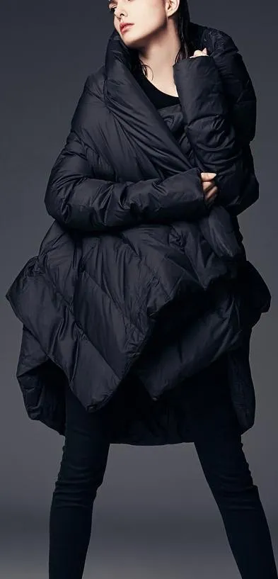 Asymmetric Puffer Coat, Black