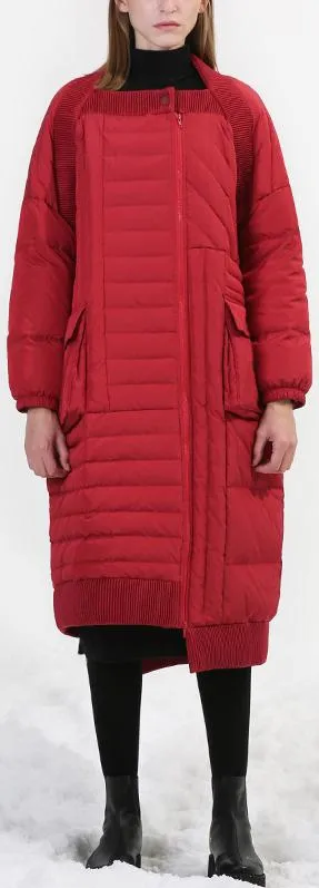 Asymmetrical Paneled Puffer Coat, Red