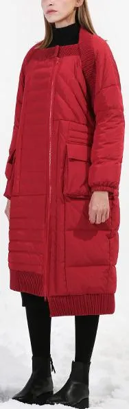 Asymmetrical Paneled Puffer Coat, Red