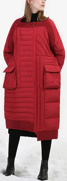 Asymmetrical Paneled Puffer Coat, Red