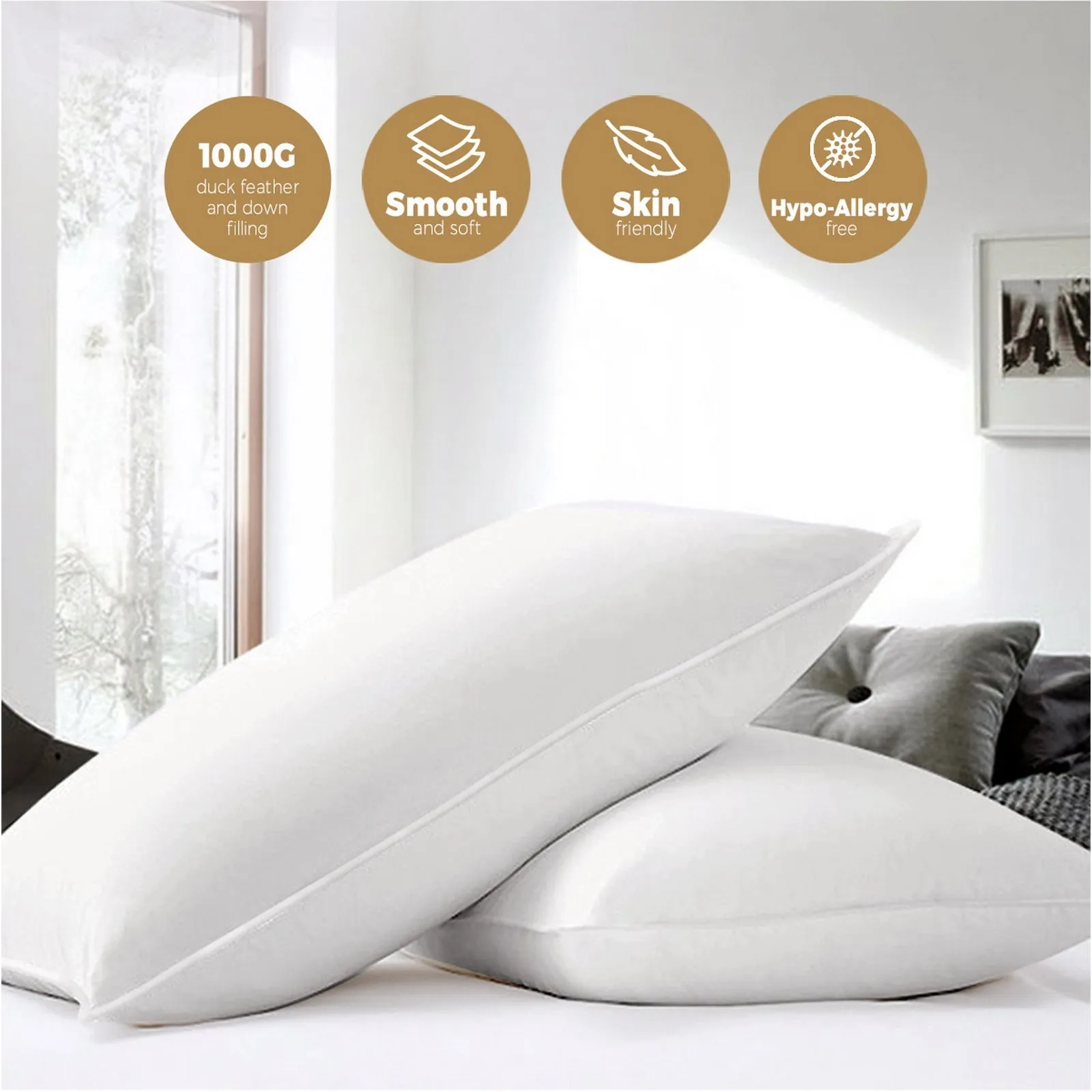 Bedra Bedding Pillow Duck Feather Down Pillows Twin Pack Standard Size Hotel