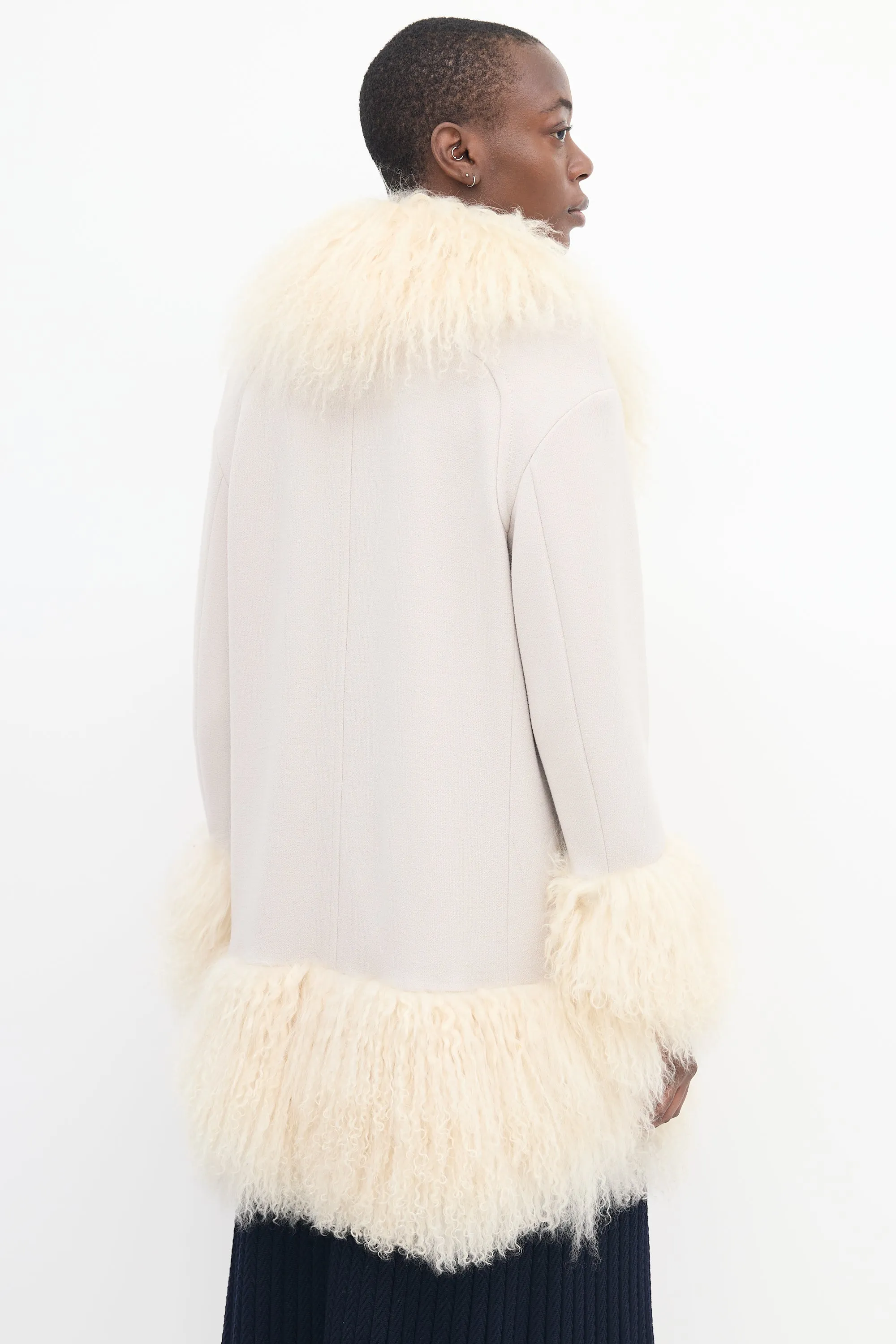 Beige Wool & Fur Trim Mid Length Coat