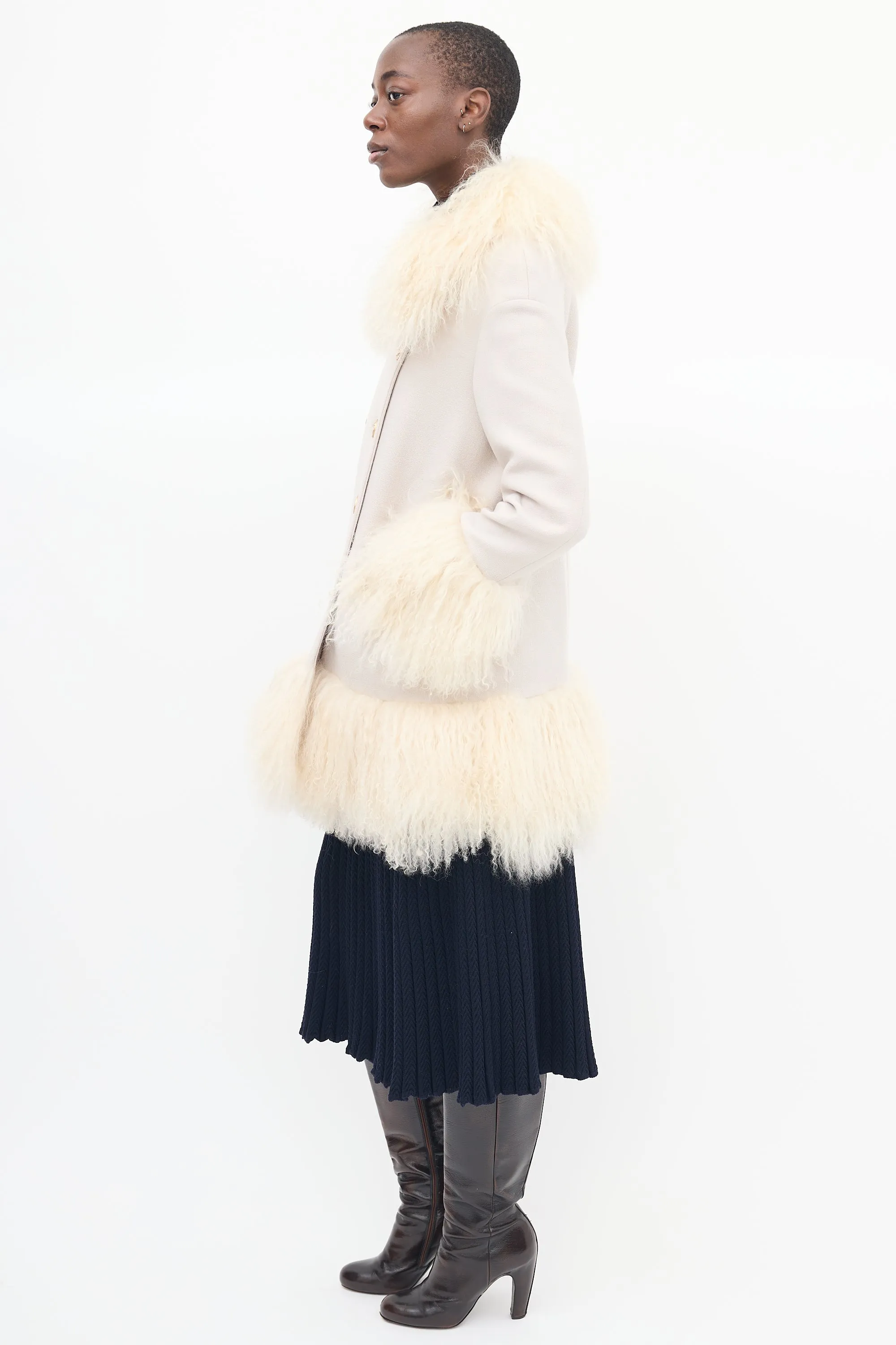 Beige Wool & Fur Trim Mid Length Coat