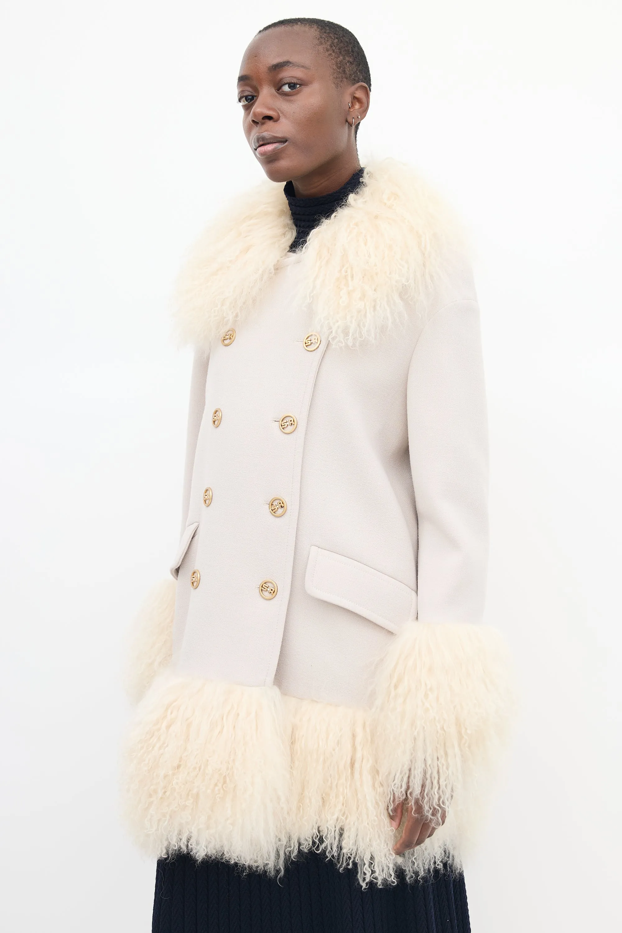 Beige Wool & Fur Trim Mid Length Coat