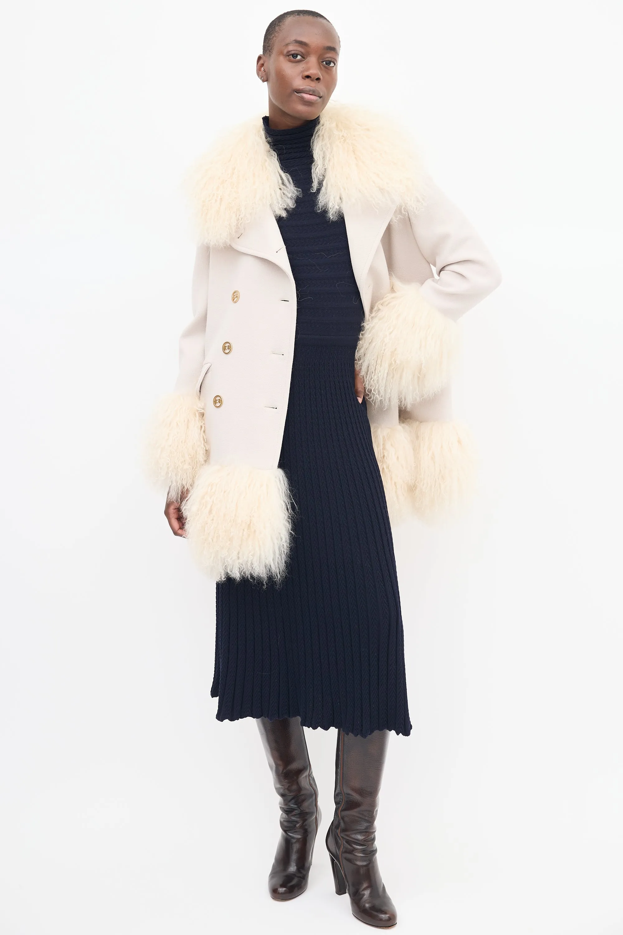 Beige Wool & Fur Trim Mid Length Coat