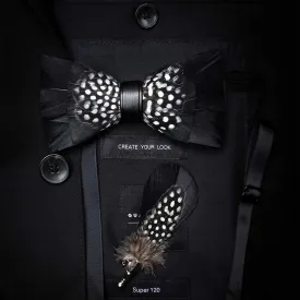 Black & White Dots Feather Bow Tie with Lapel Pin