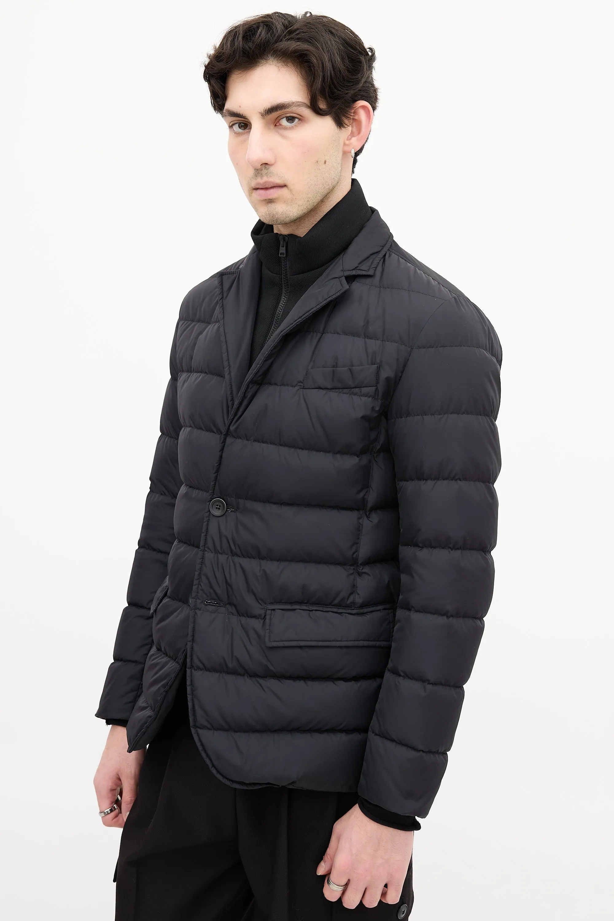 Black Down & Nylon Layered Puffer Jacket