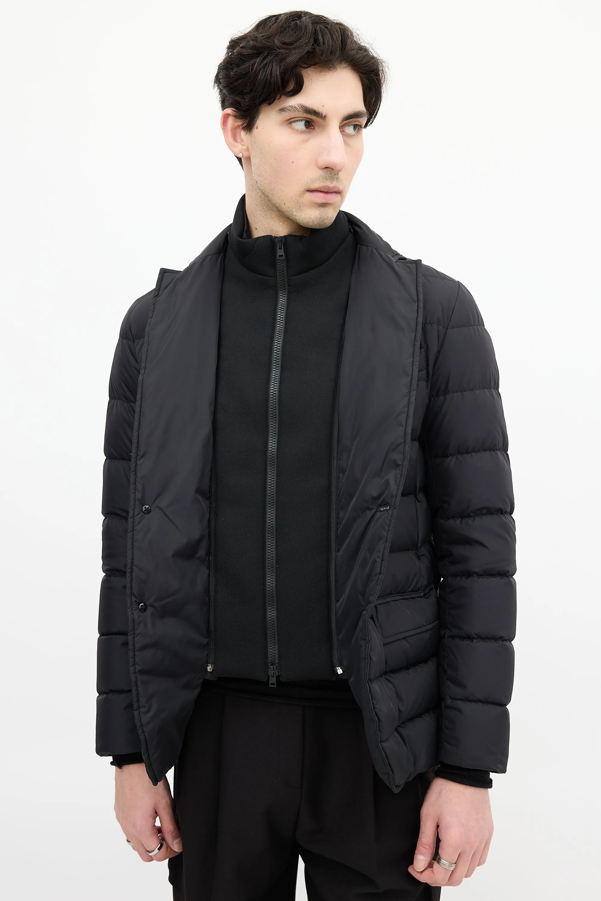 Black Down & Nylon Layered Puffer Jacket