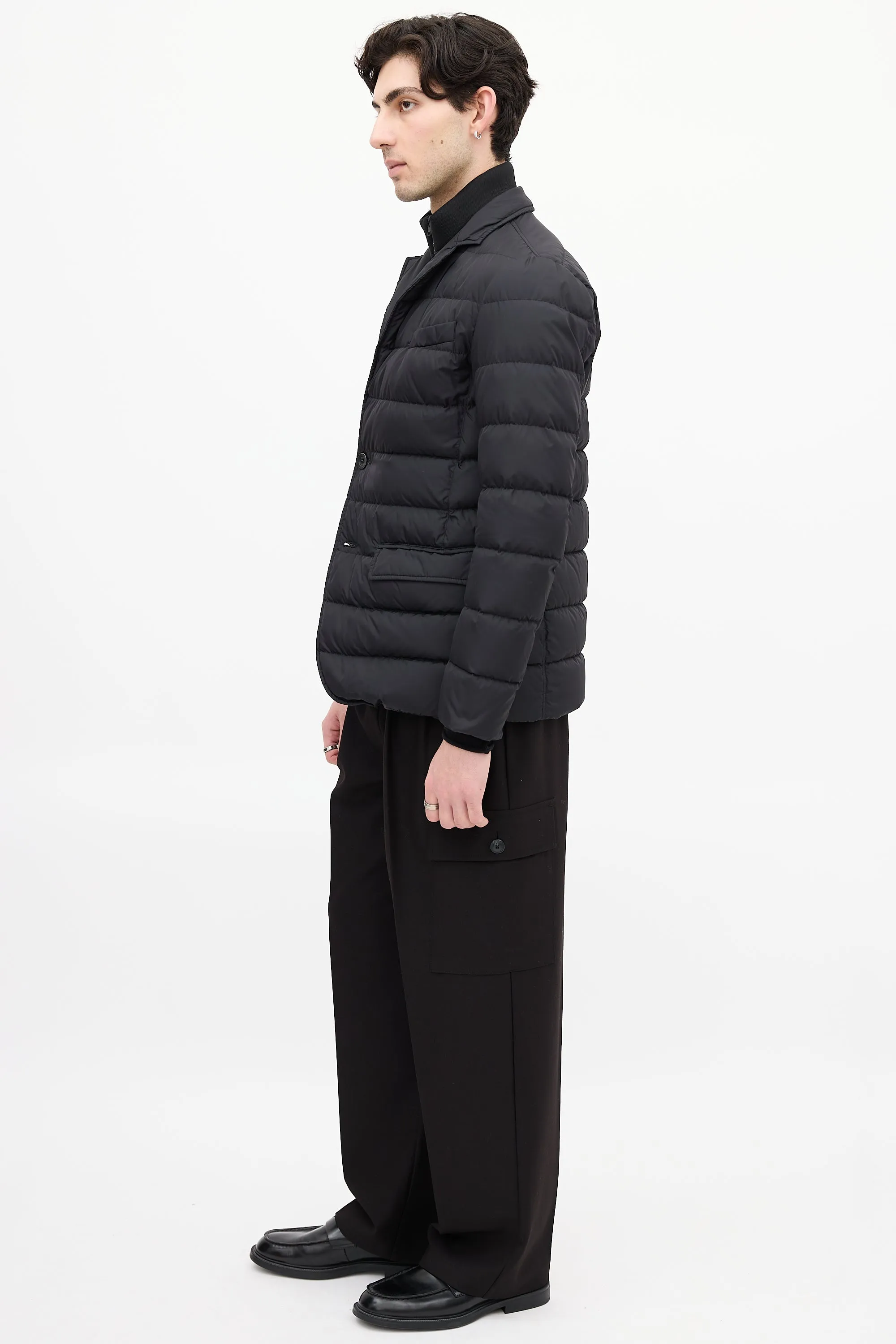 Black Down & Nylon Layered Puffer Jacket