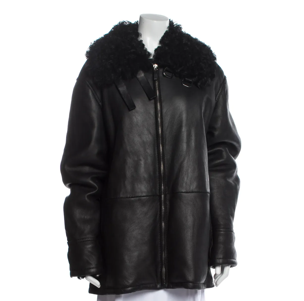 Black Leather & Fur Coat - L