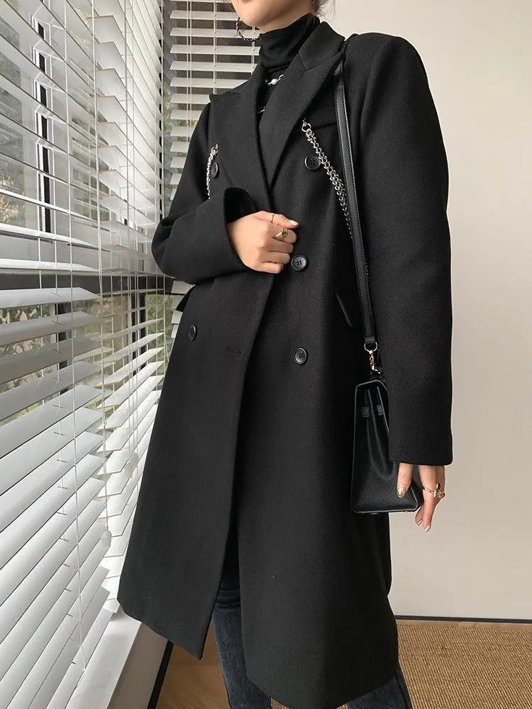 Black Link Double Breasted Chunky Long Wool Coat