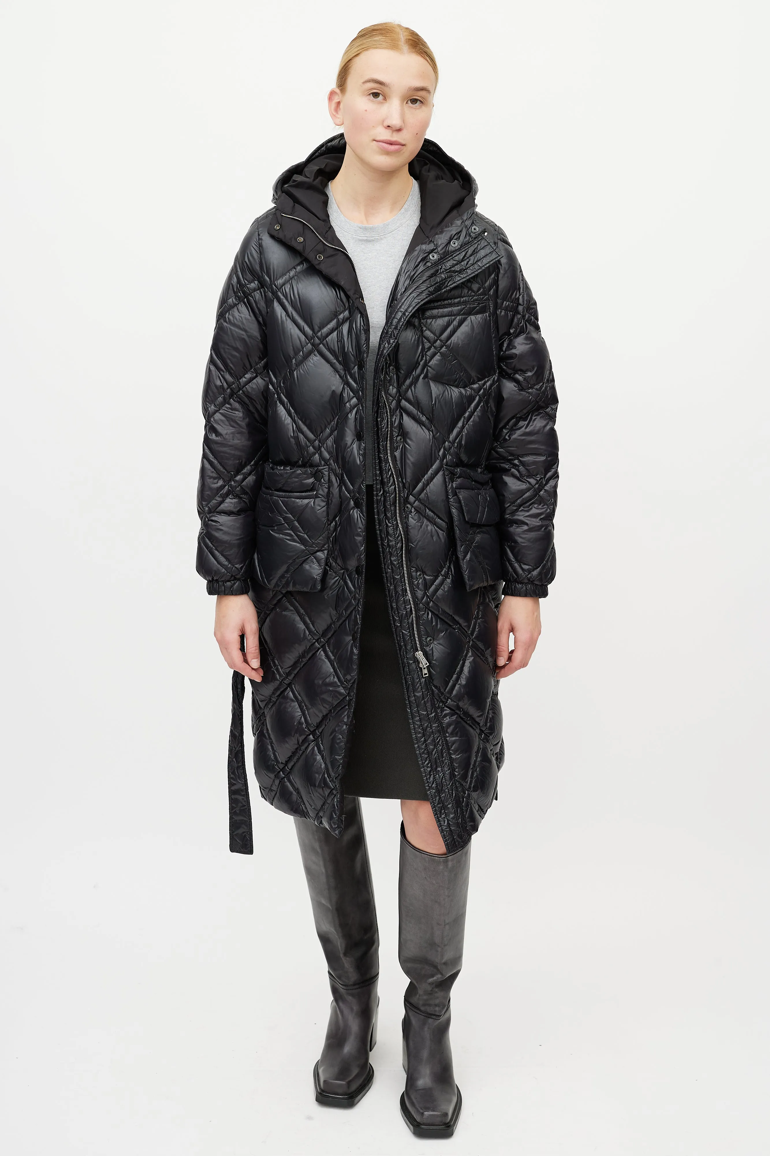 Black Quilted Belted Down Coat