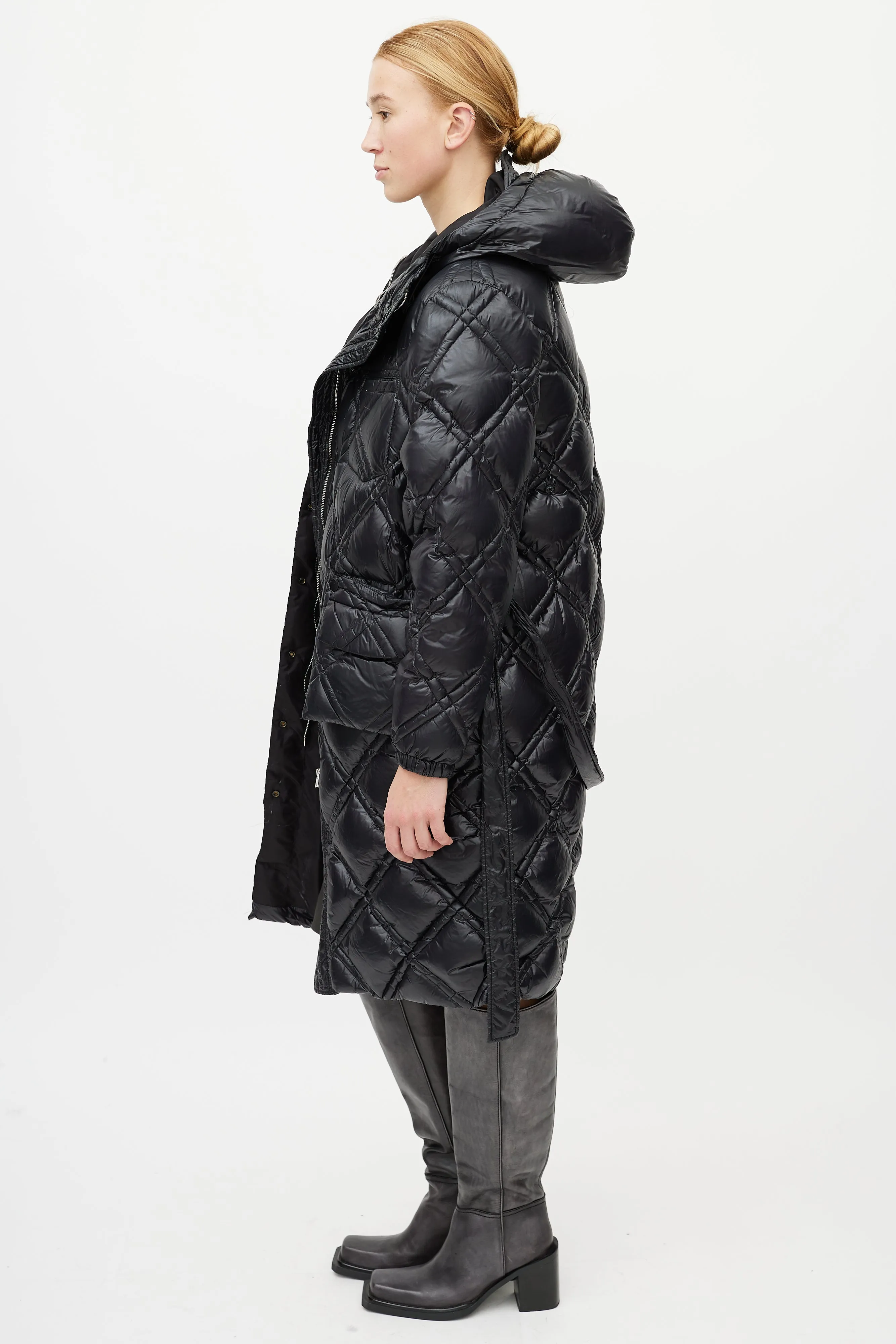 Black Quilted Belted Down Coat