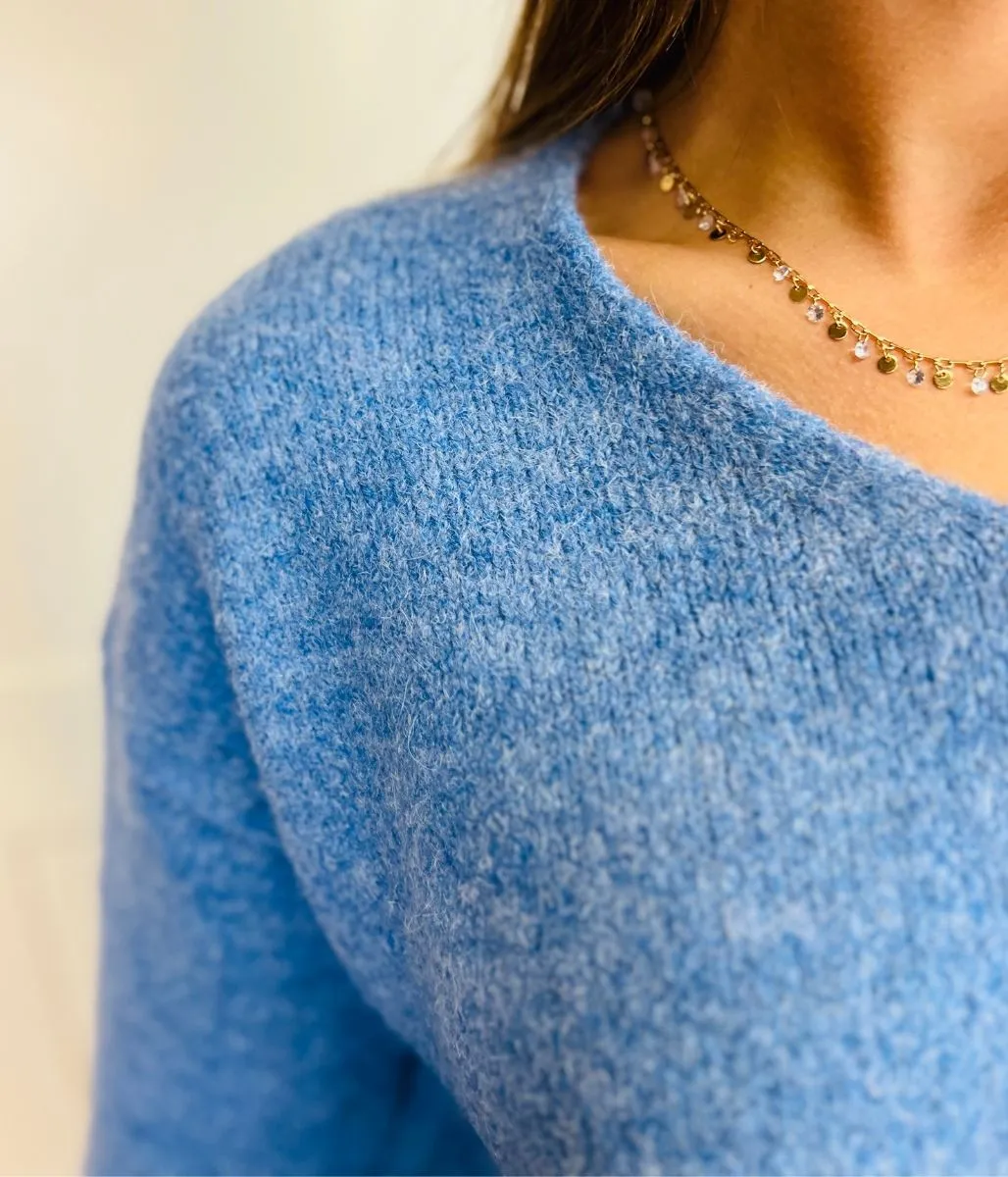 Blue V Neck Wool Blend Jumper