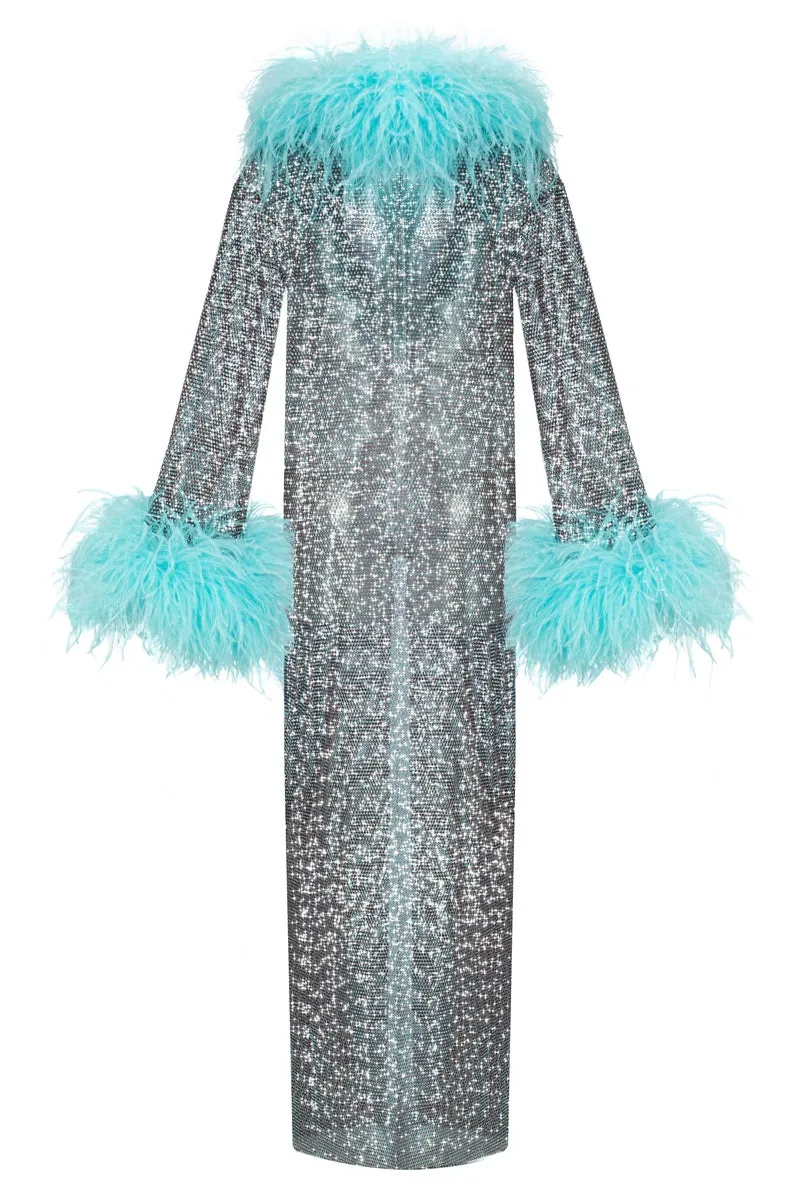 BROWN RHINESTONE BLUE FEATHER-TRIMMED COAT