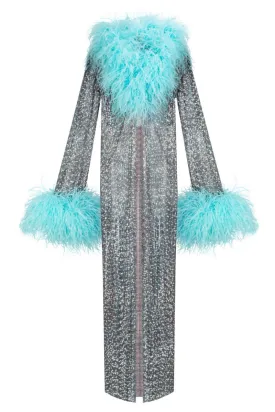 BROWN RHINESTONE BLUE FEATHER-TRIMMED COAT