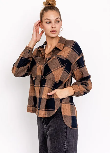 Button Down Pocket Plaid Brushed Jacket