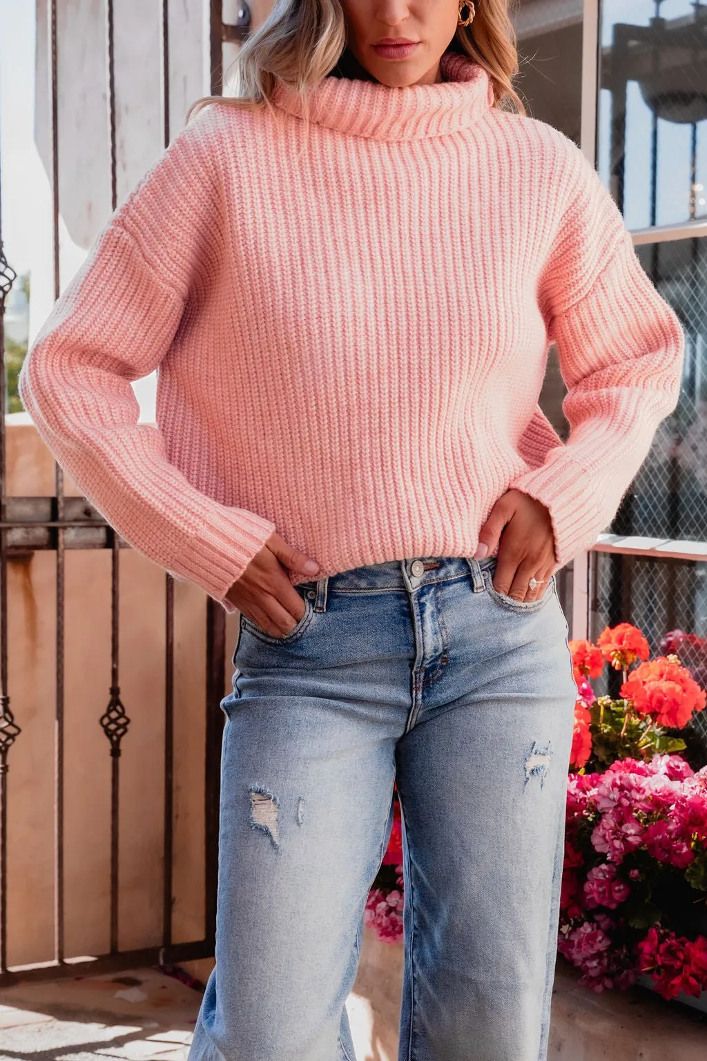 Chunky Pink Ribbed Turtleneck Sweater