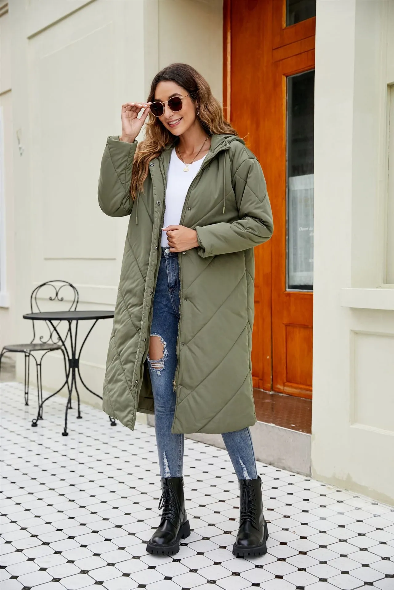 Cross-border Europe, America,  women's solid color hooded extended cotton-padded clothing fashion plaid zipper slim long-sleeved jacket