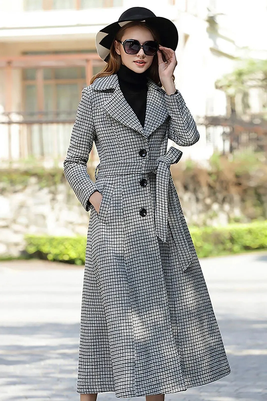 Custom Wool Fit & Flare Belted Plaid Coat