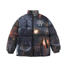 Cyberpunk style colorful printed stand collar white down jacket