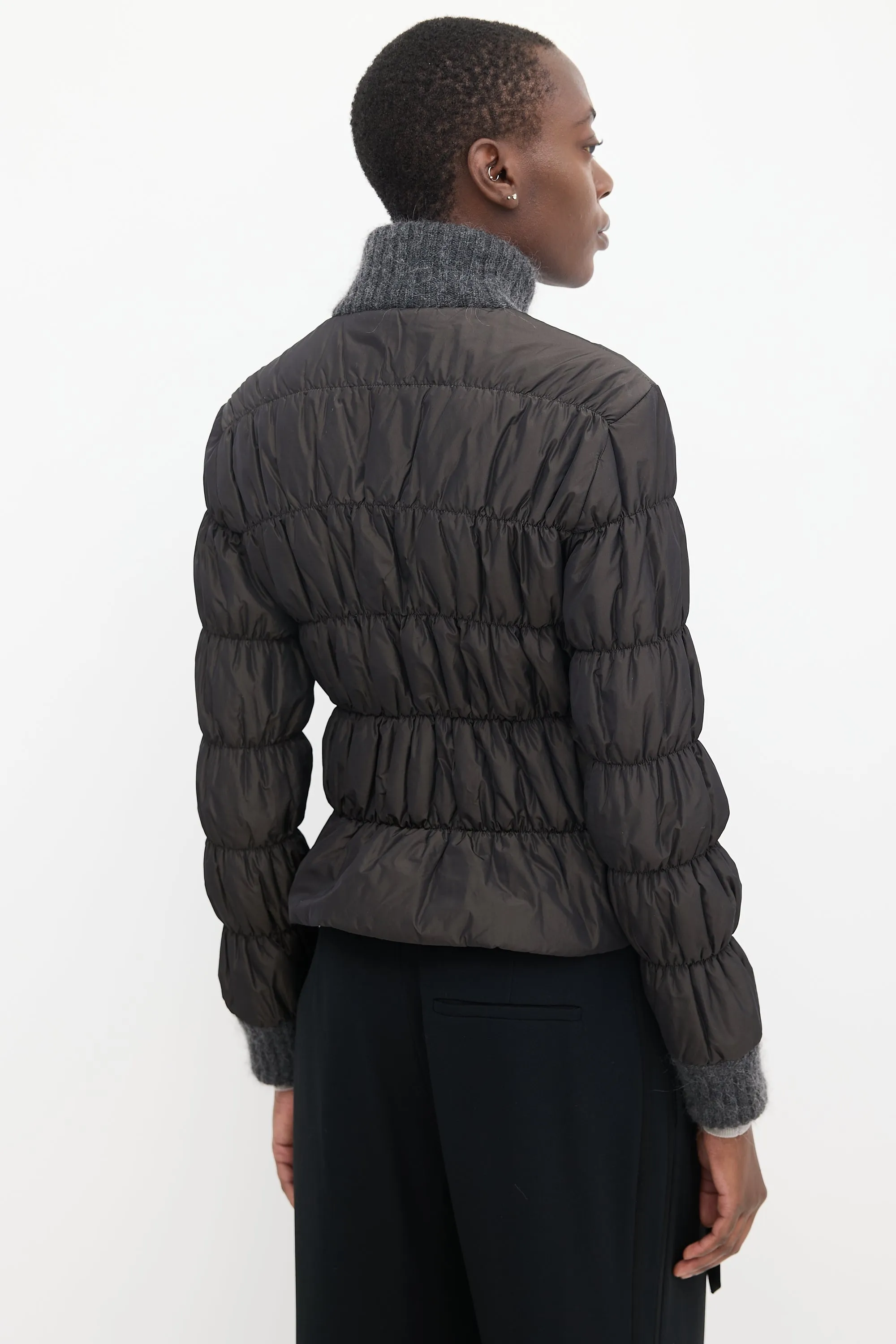 Dark Grey Knit Collar Ruched Puffer Jacket