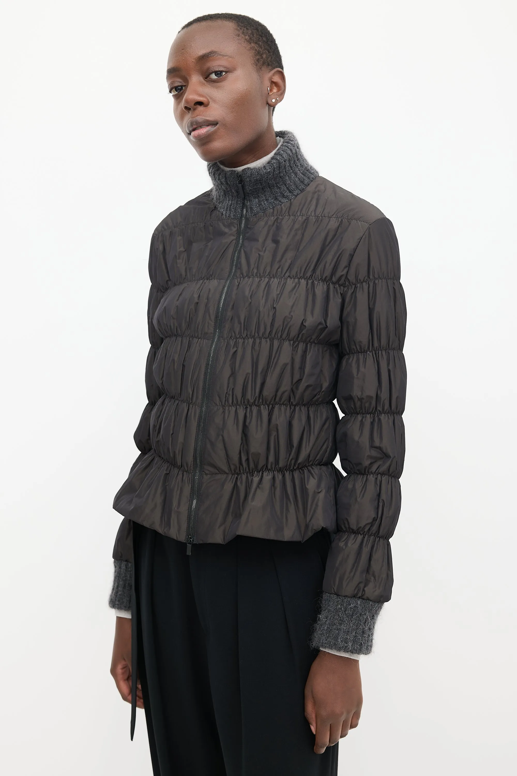 Dark Grey Knit Collar Ruched Puffer Jacket