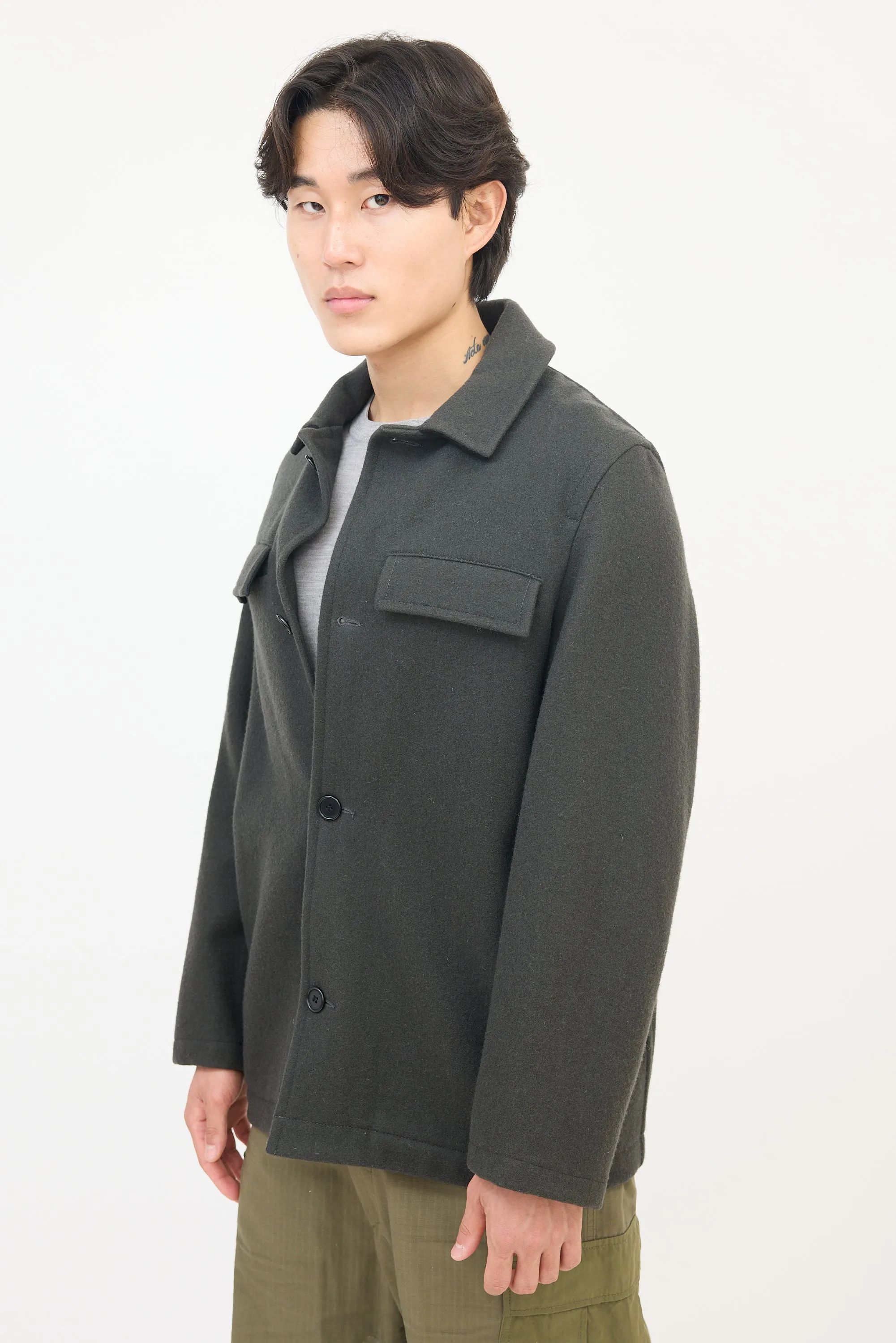 Dark Grey Wool Two Pocket Shirt Jacket