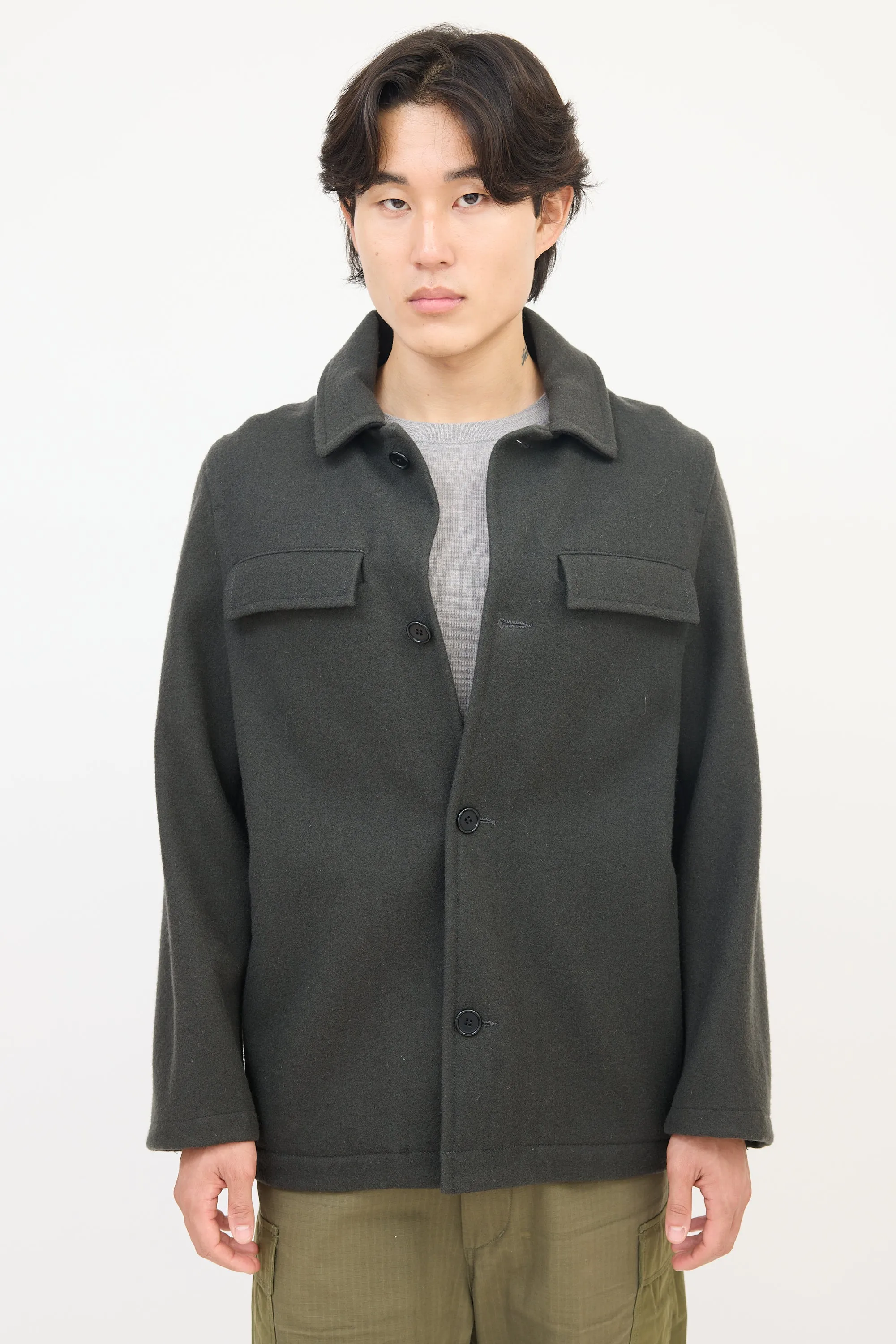 Dark Grey Wool Two Pocket Shirt Jacket