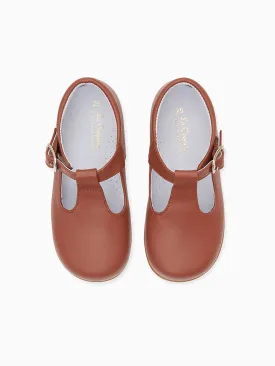 Dark Tan Leather Toddler T-Bar Shoes