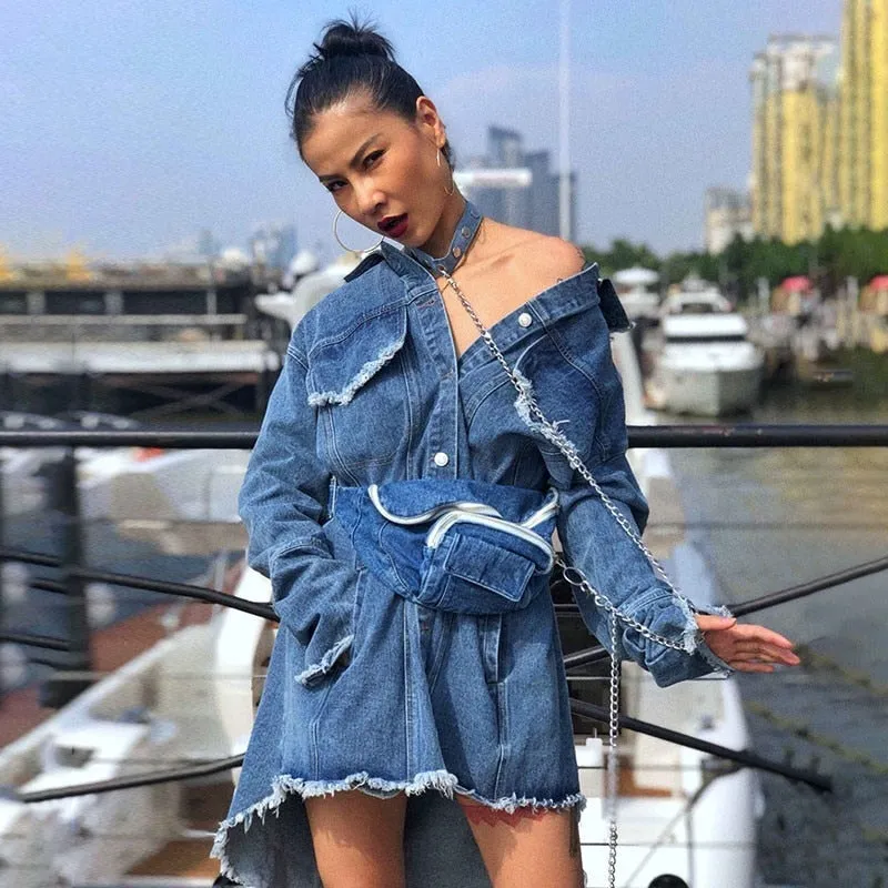 Denim Jackets For Women Lapel Long Sleeve Asymmetrical Tassel Jacket Female With Waist Bag Spring Fashion Tide