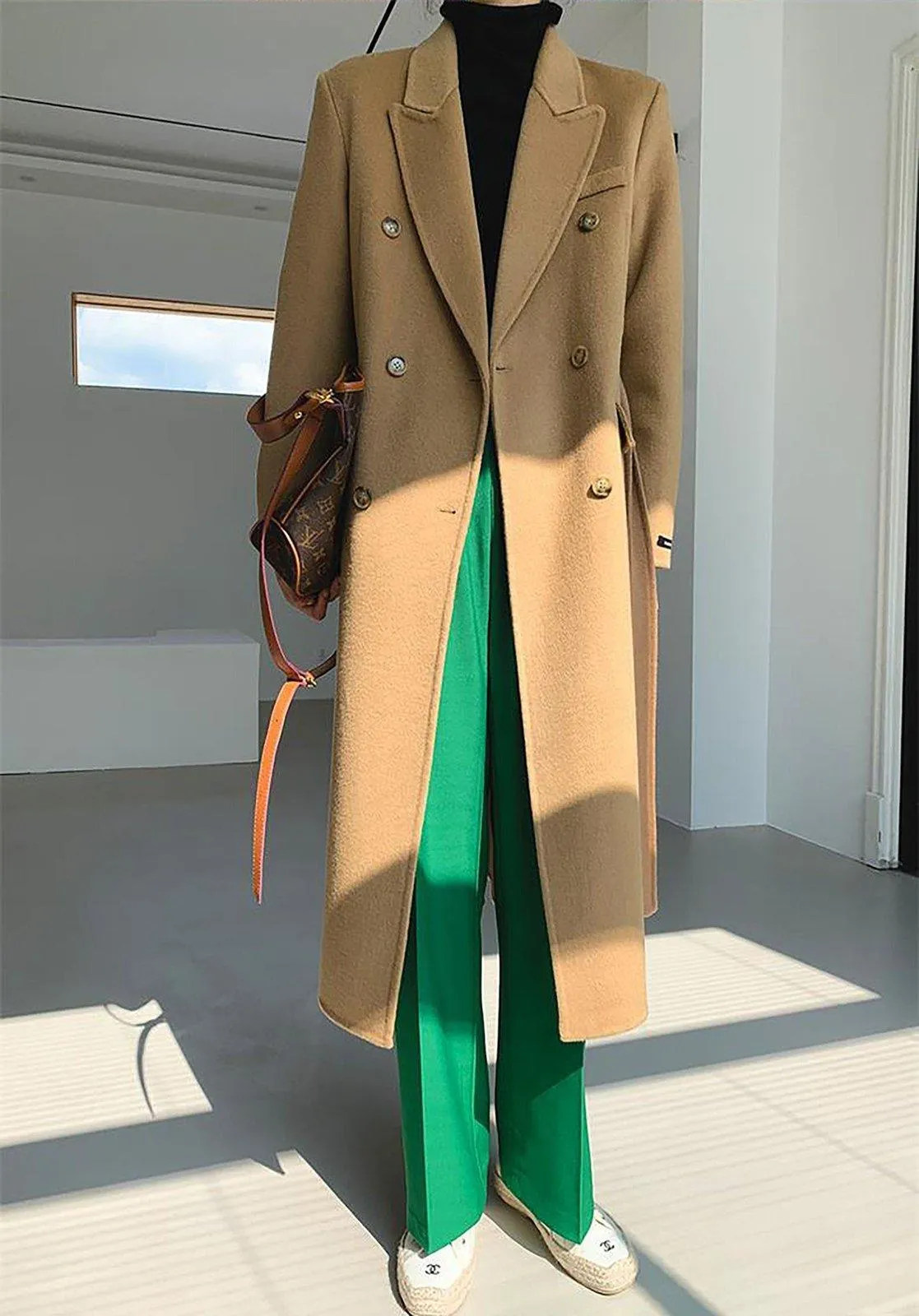 Double Breasted Belted Midi Wool Blend Coat