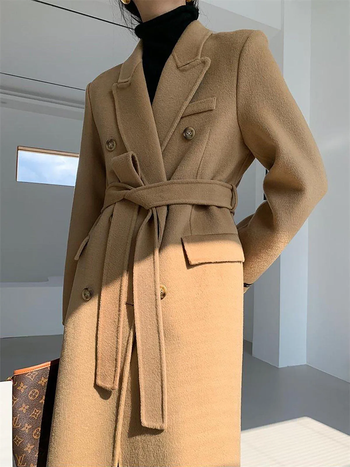 Double Breasted Belted Midi Wool Blend Coat