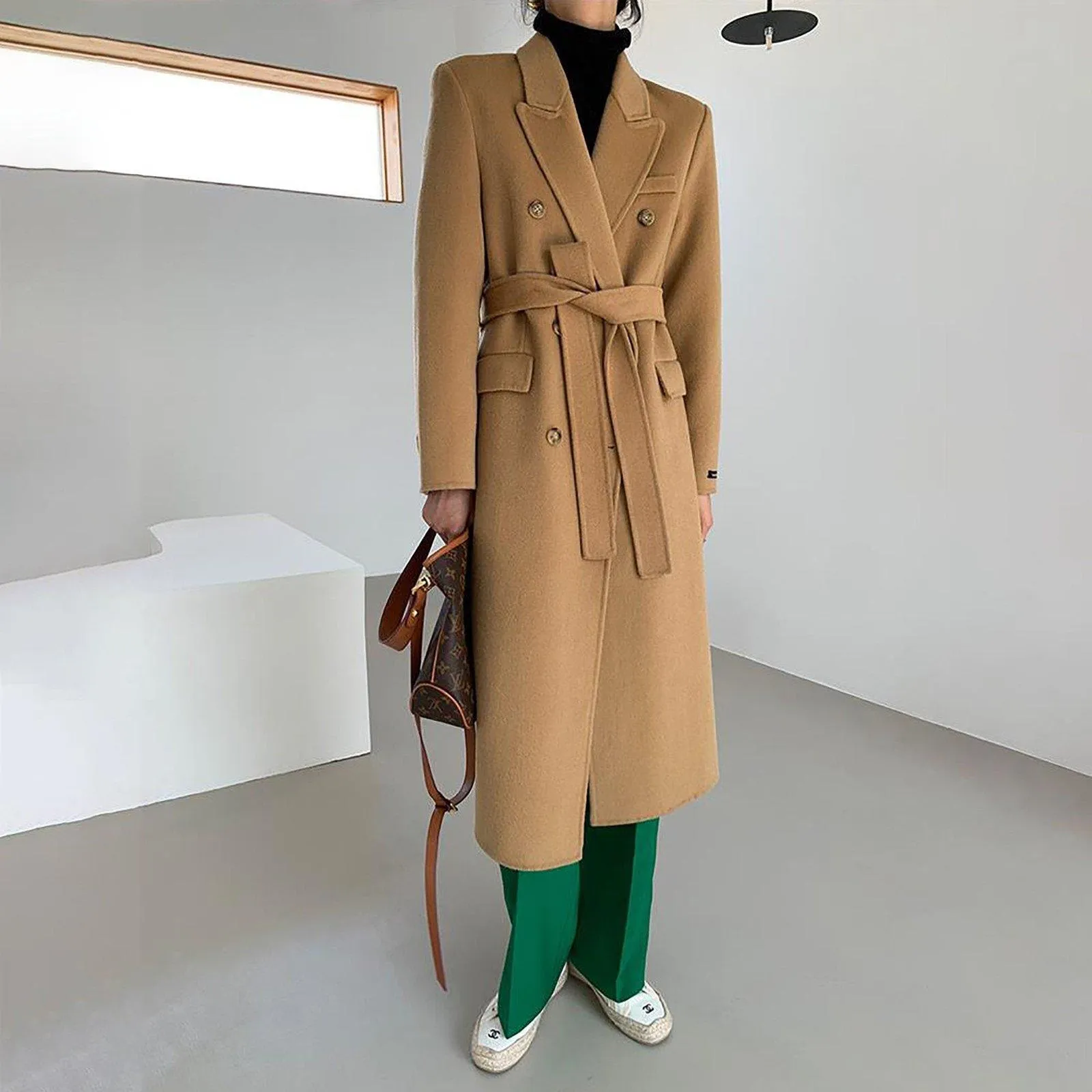 Double Breasted Belted Midi Wool Blend Coat