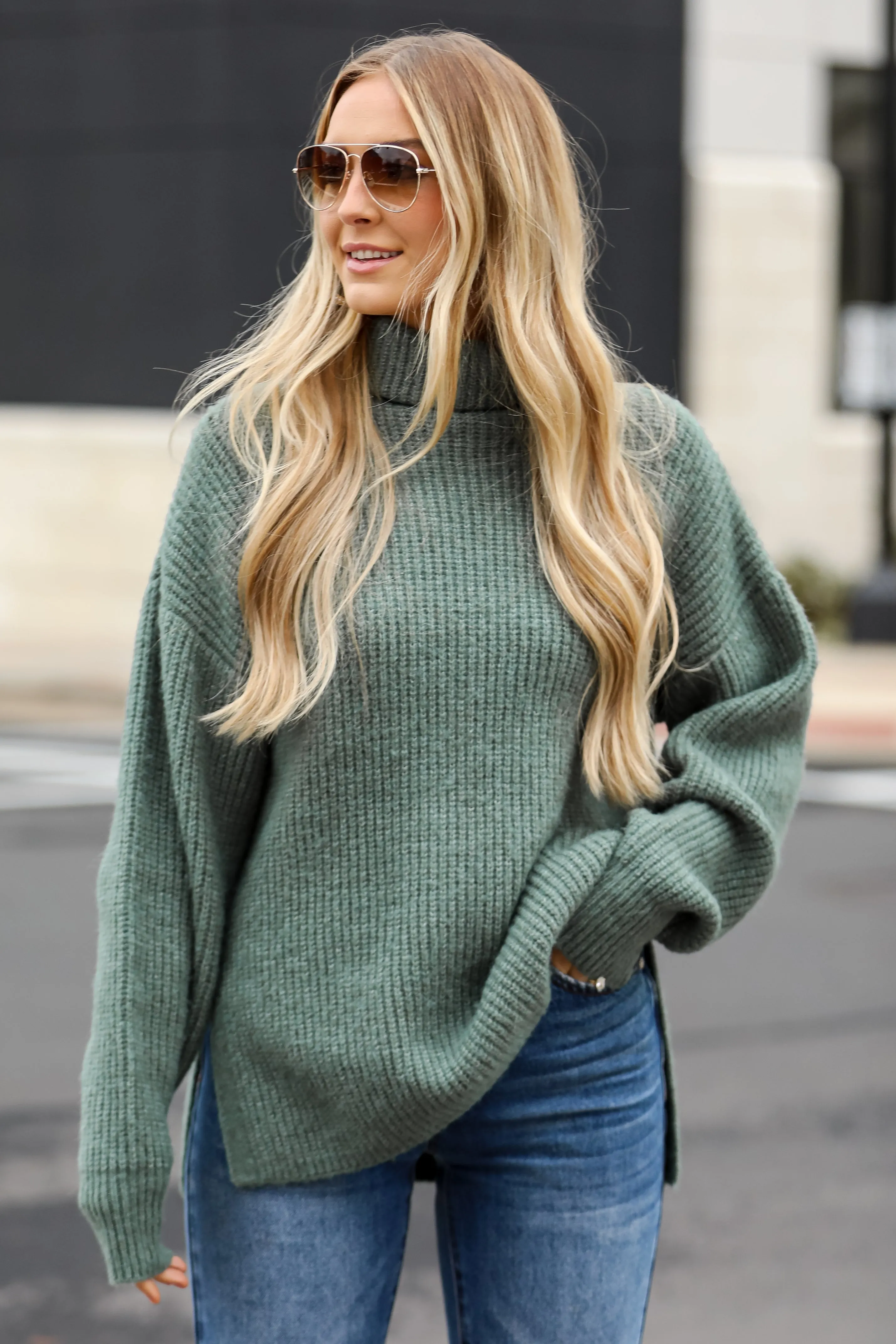 FINAL SALE - Stay Right There Sage Turtleneck Oversized Sweater