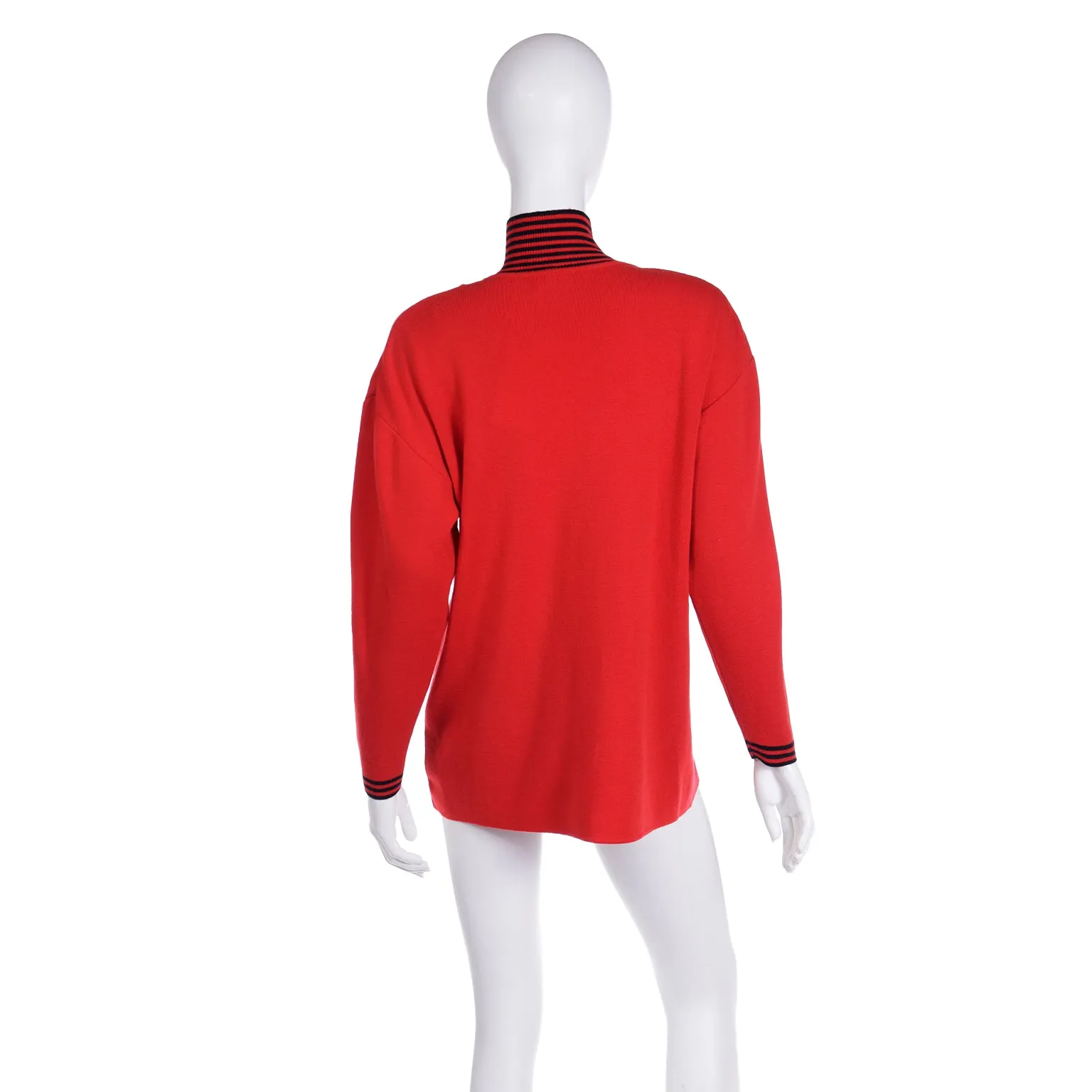 F/W 1993 Red Sweater with striped t neck and cuffs 100% Merino wool