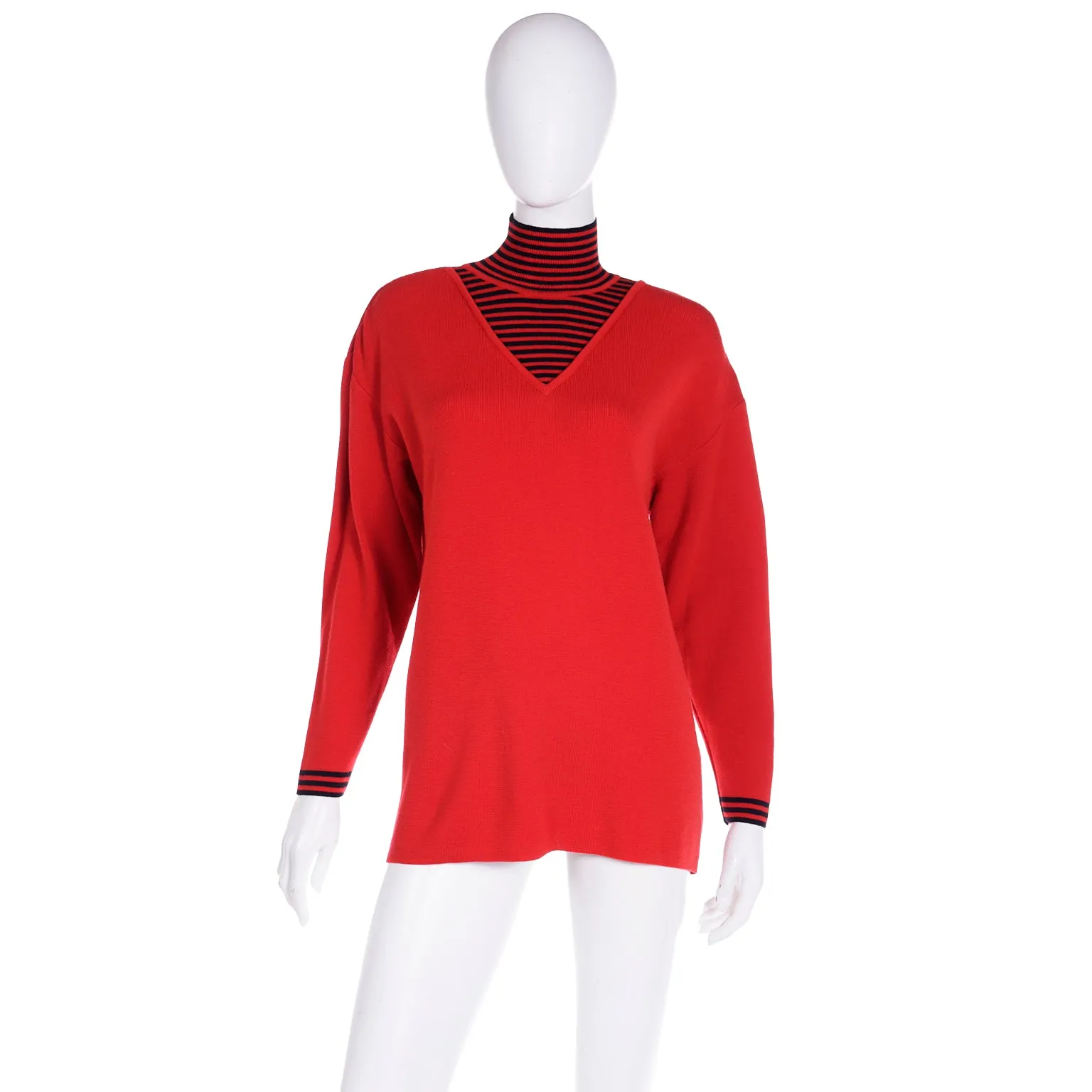 F/W 1993 Red Sweater with striped t neck and cuffs 100% Merino wool