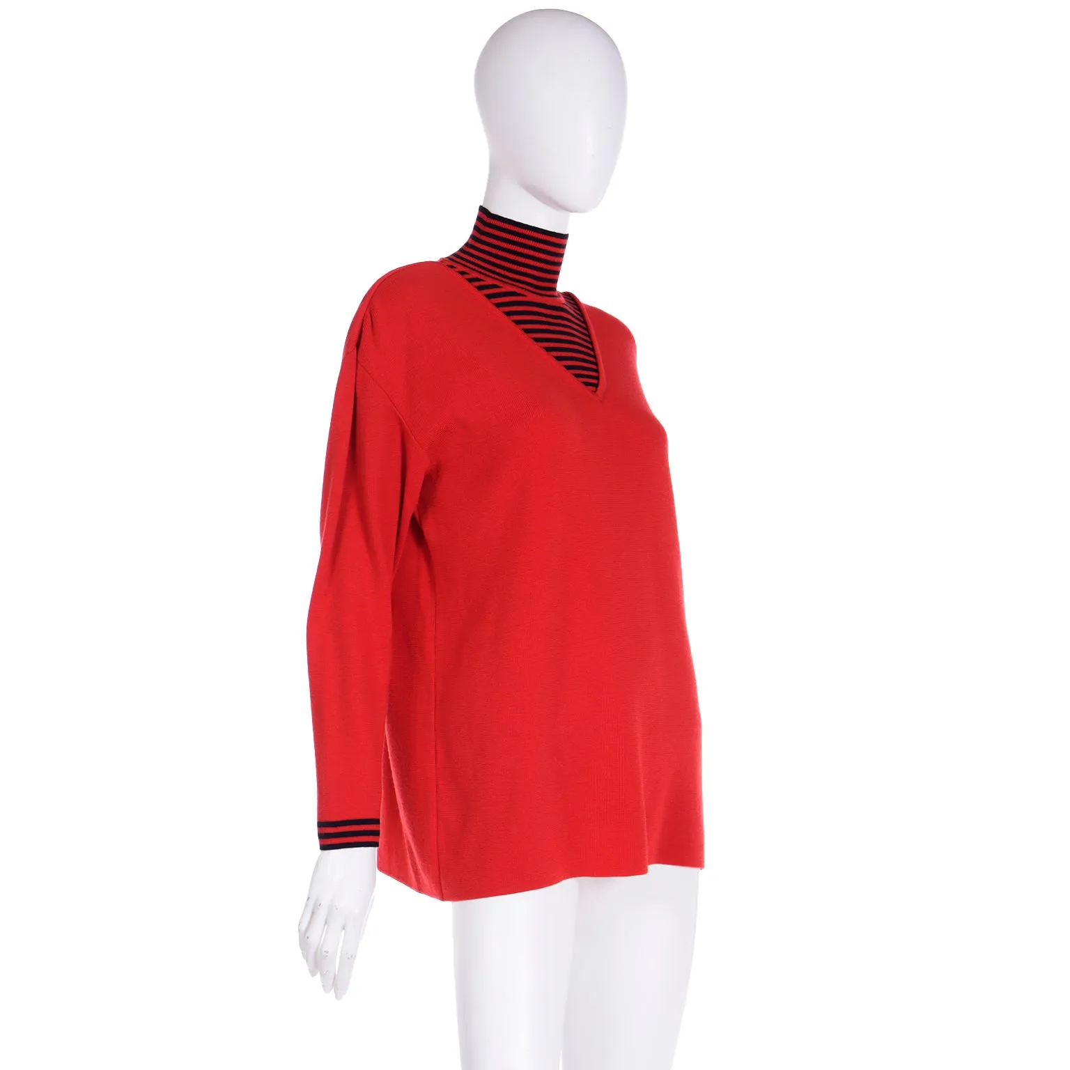 F/W 1993 Red Sweater with striped t neck and cuffs 100% Merino wool