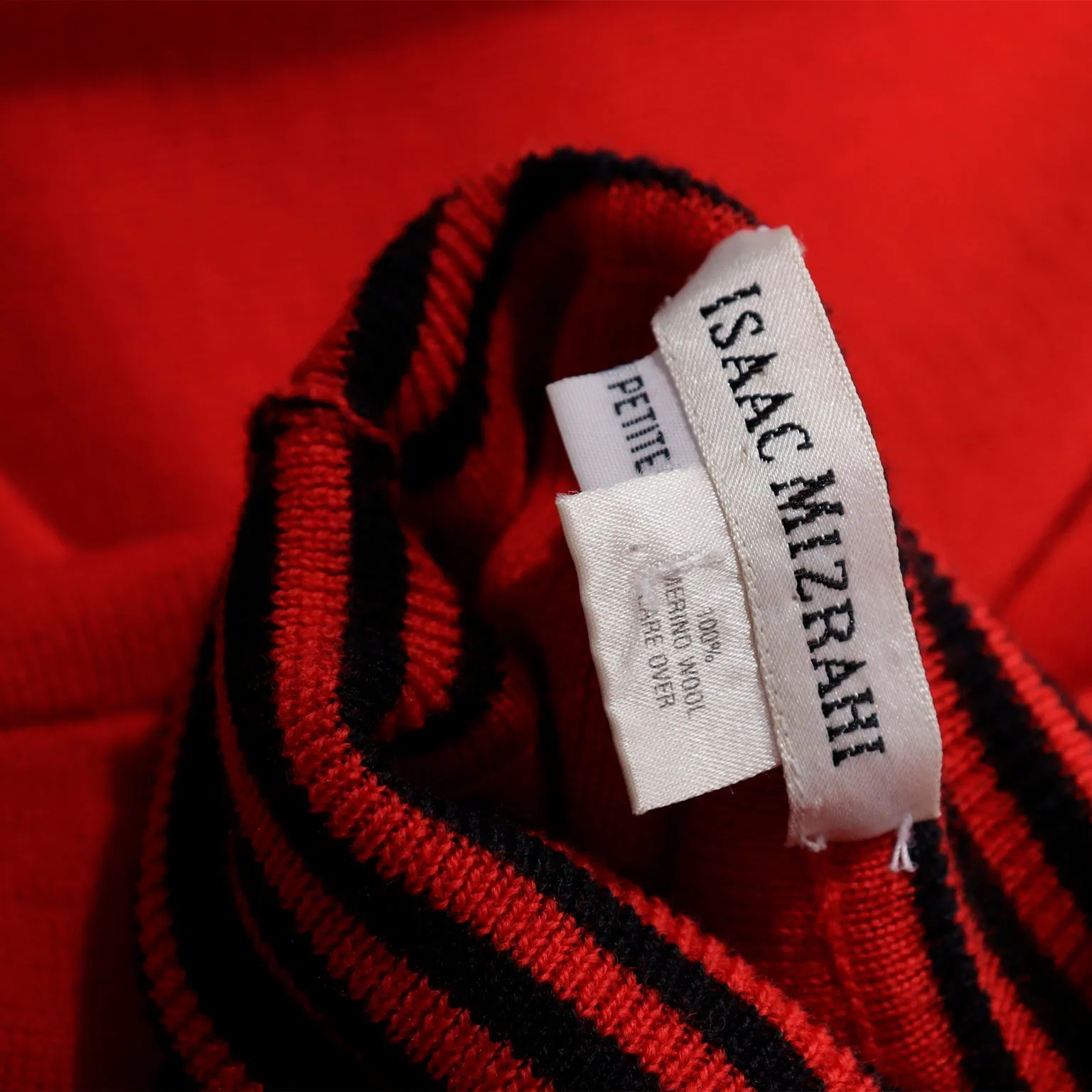 F/W 1993 Red Sweater with striped t neck and cuffs 100% Merino wool