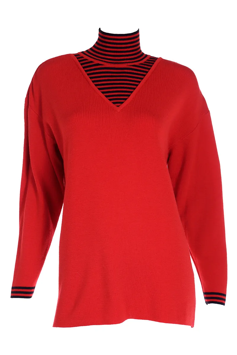 F/W 1993 Red Sweater with striped t neck and cuffs 100% Merino wool