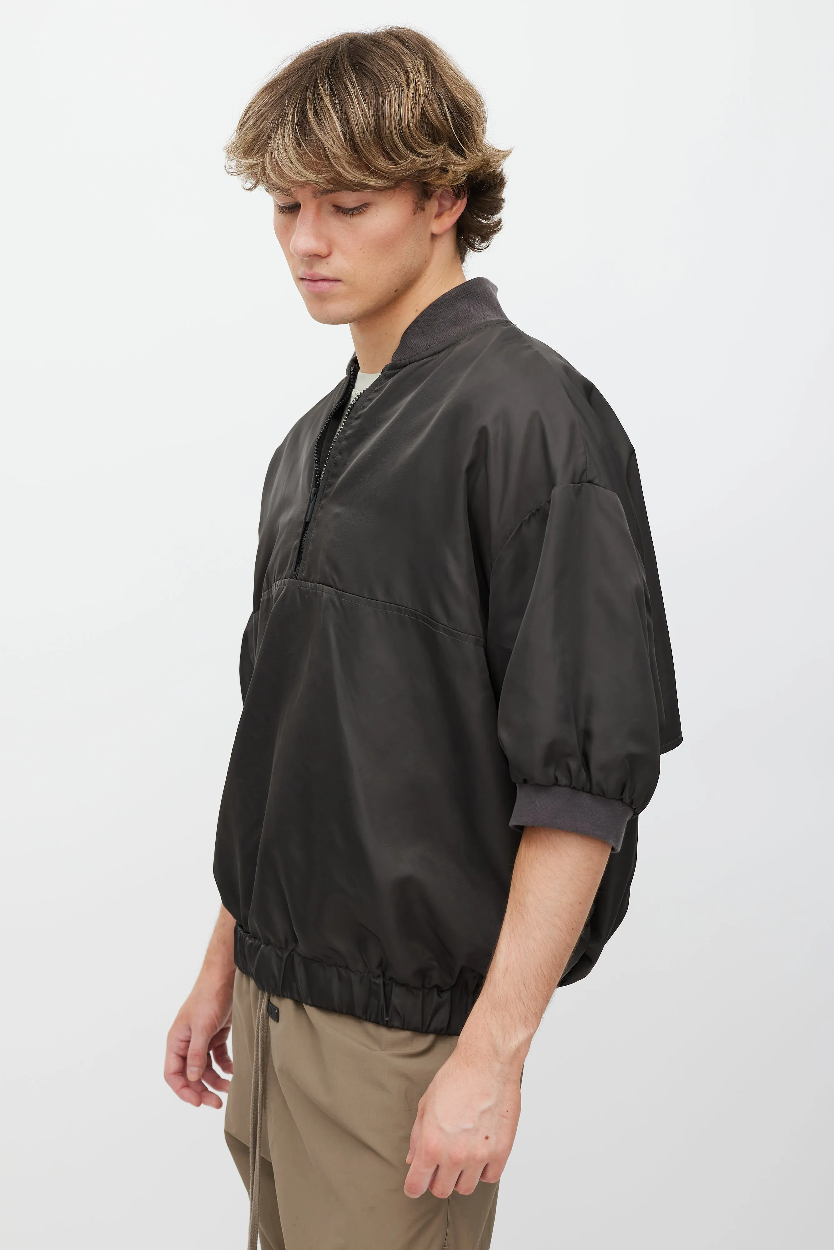 Grey Nylon Quarter Zip Short Sleeve Jacket