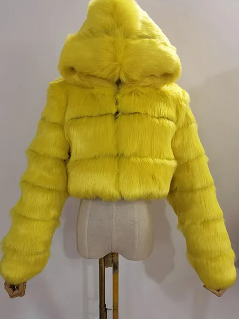 Hooded Cropped Faux Fur Puffer Jacket