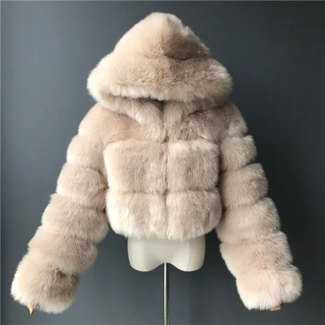 Hooded Cropped Faux Fur Puffer Jacket