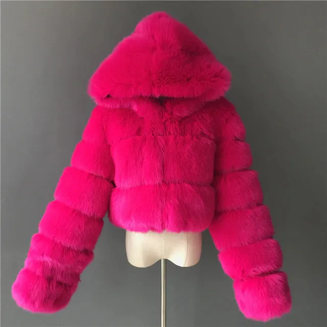 Hooded Cropped Faux Fur Puffer Jacket