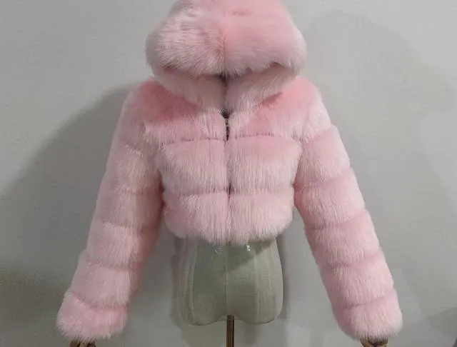 Hooded Cropped Faux Fur Puffer Jacket