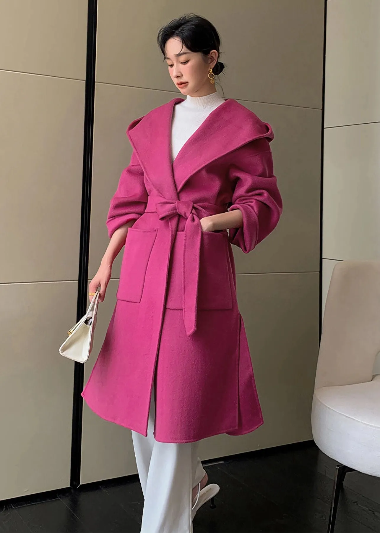 Hooded Double Face Pure Wool Belted Wrap Long Coat