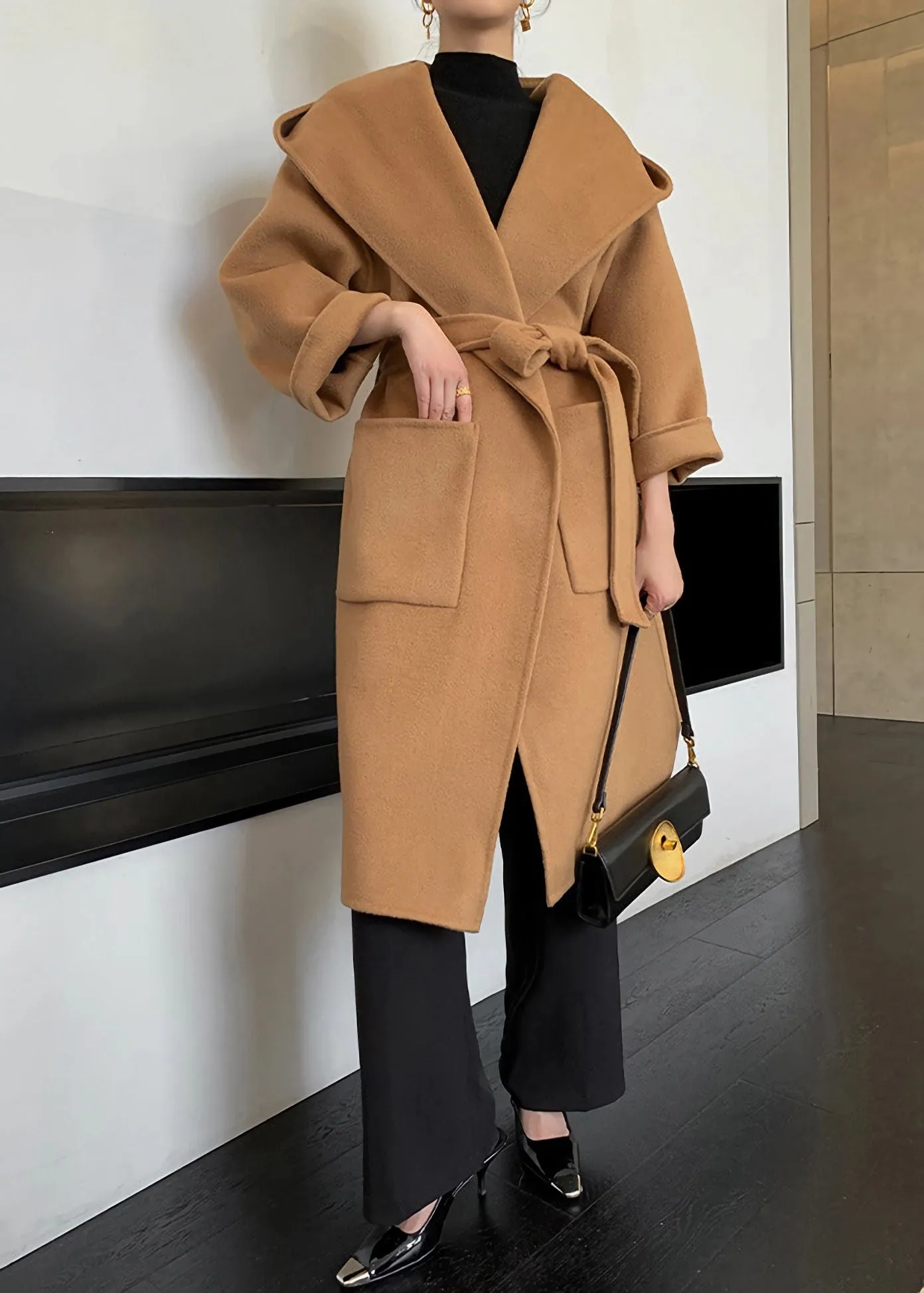 Hooded Double Face Pure Wool Belted Wrap Long Coat